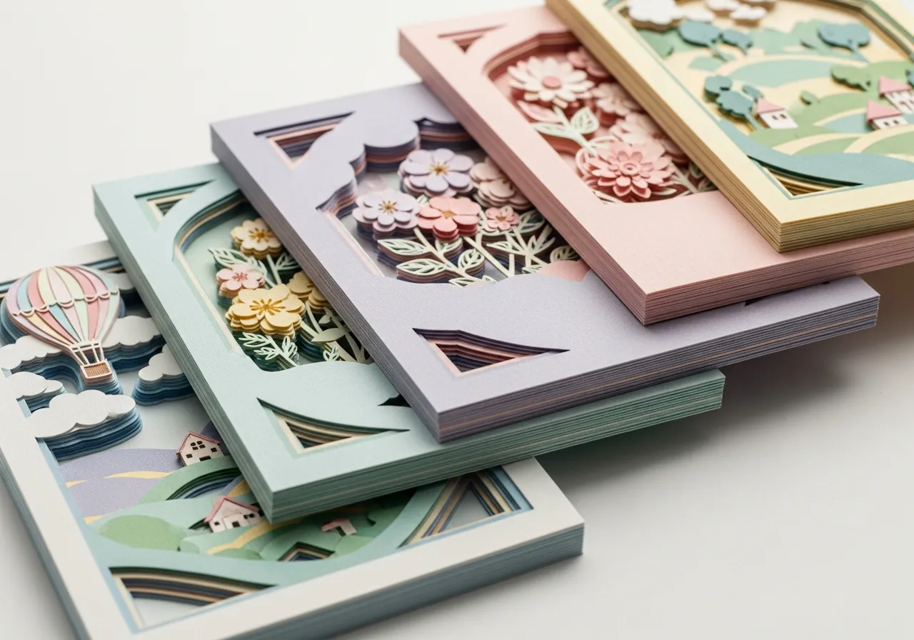 Layered papercraft cards with pastel colors and soft shadows