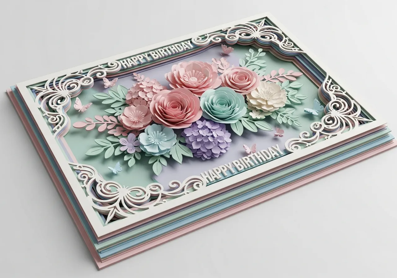 Elegant birthday card with layered papercraft design and pastel colors