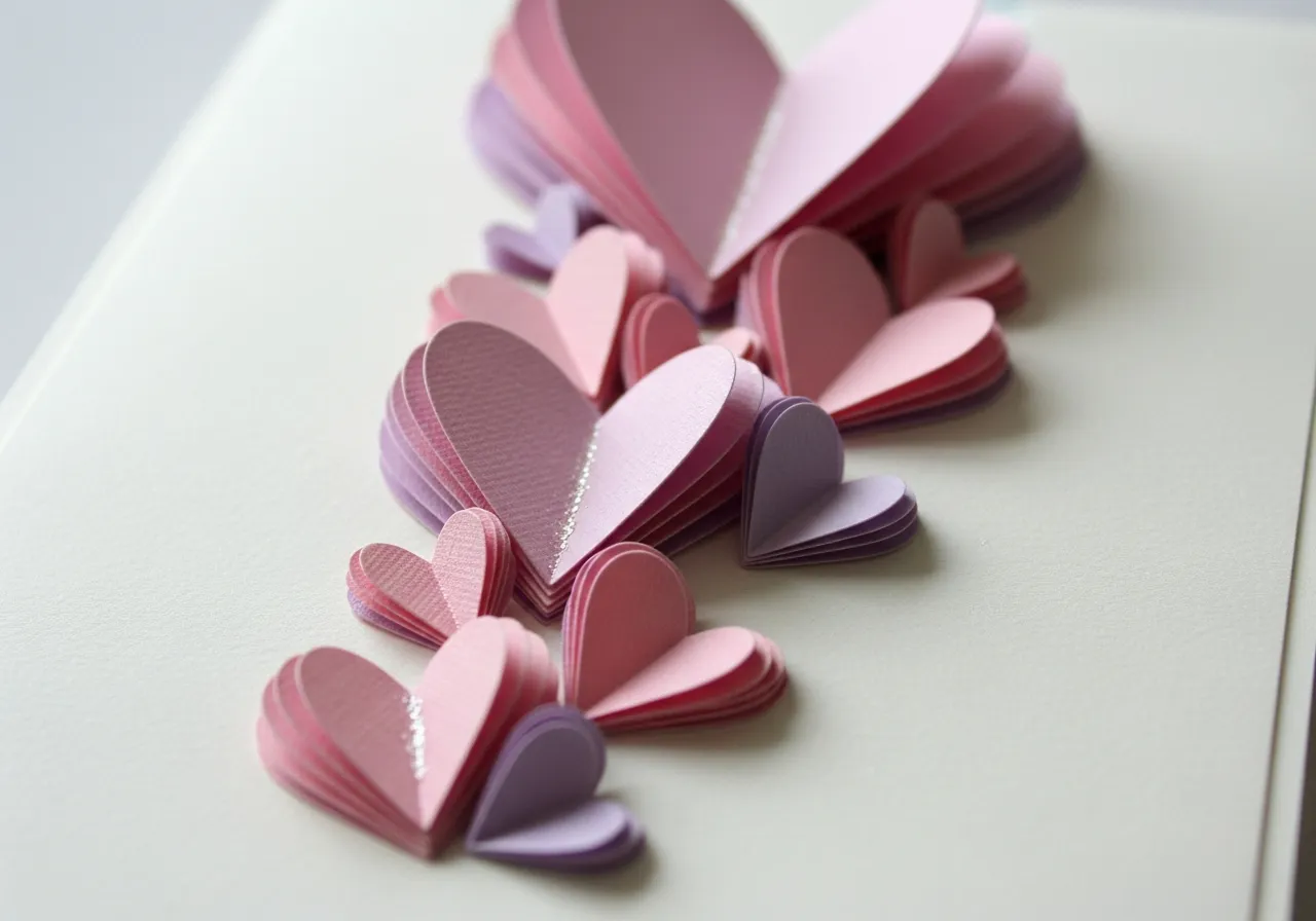 Romantic wedding greeting card with handcrafted layered hearts in soft pink and lavender