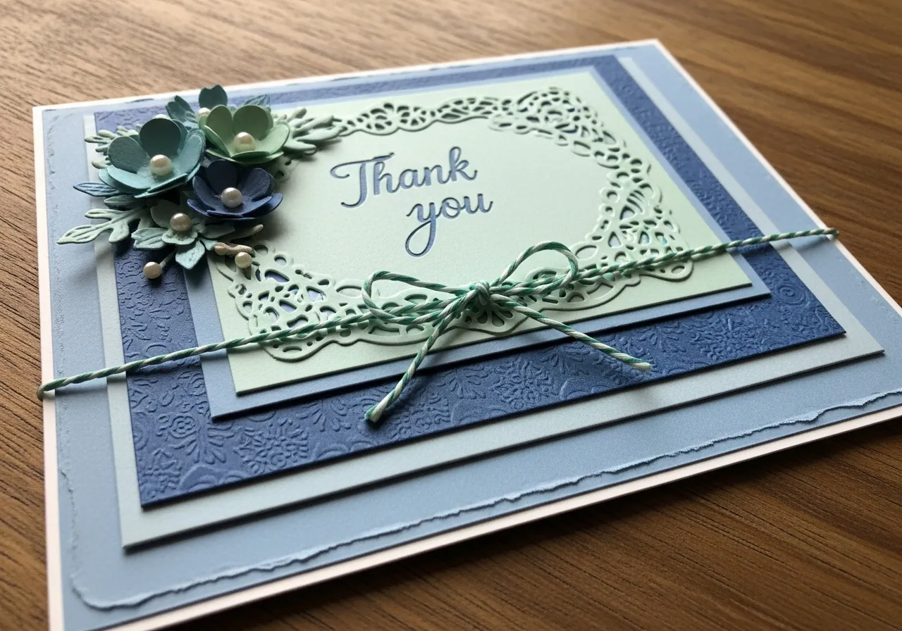 Handcrafted thank you card with layered paper design featuring mint green and blue tones